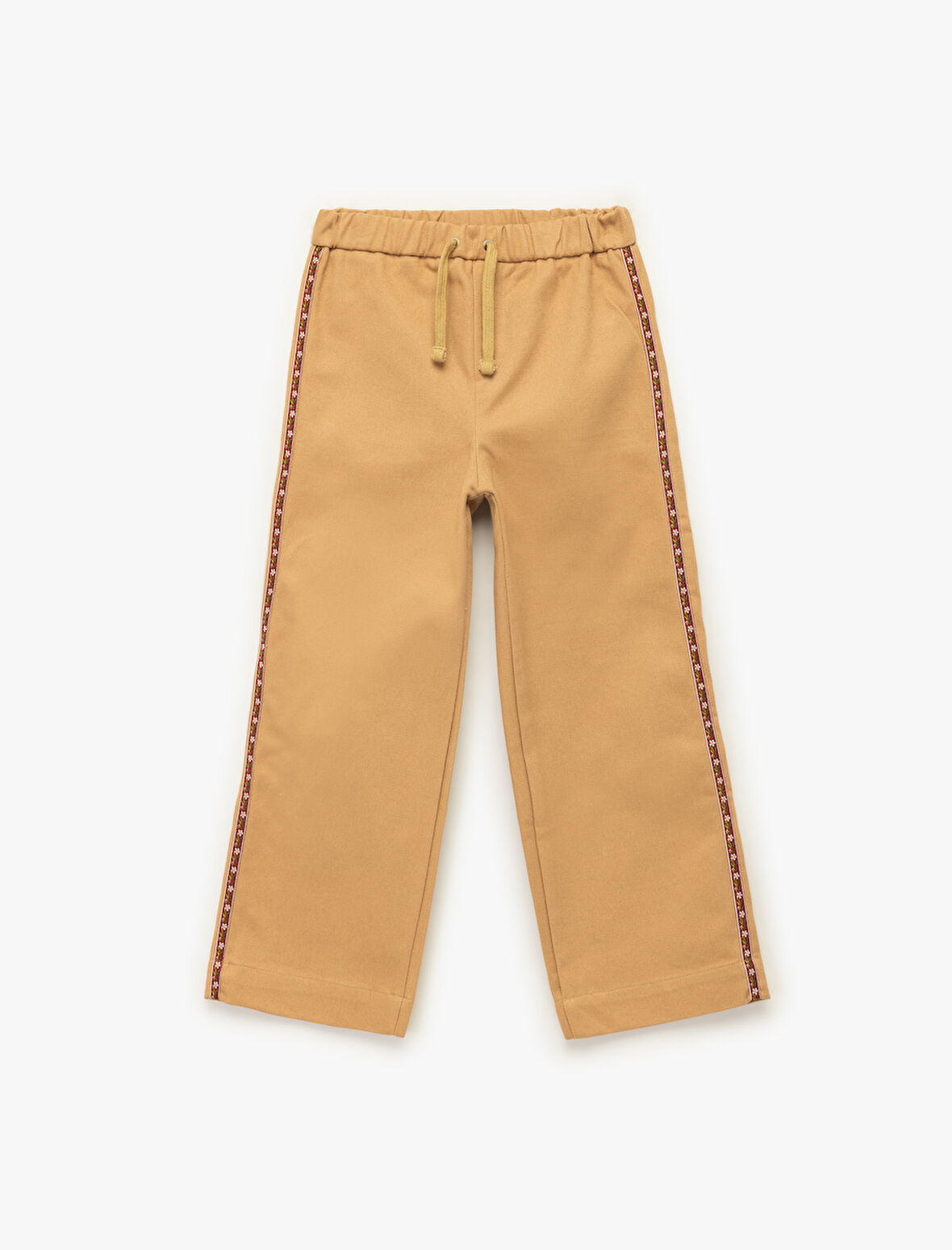 Pamuklu Rahat Kesim Yüksek Bel Beli Bağcıklı Şerit Detaylı Geniş Paça Pantolon