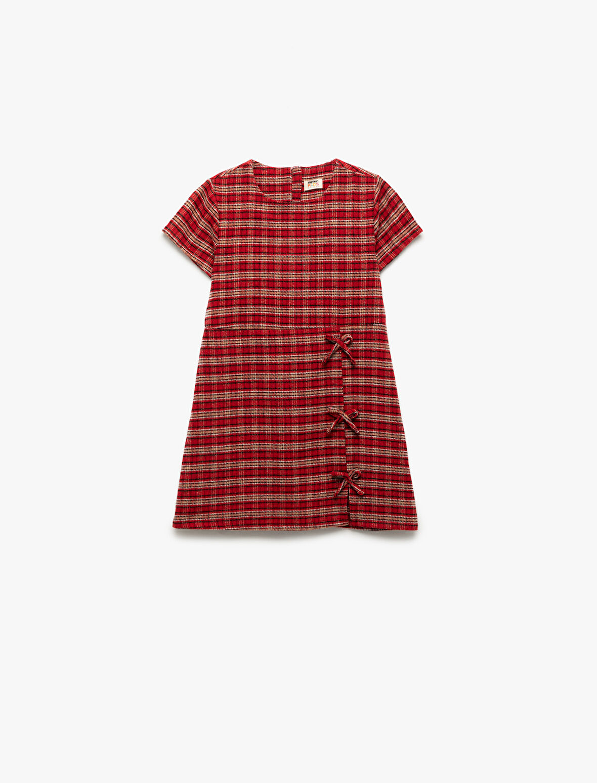 Fiyonk Detaylı Kısa Kollu Bisiklet Yaka Ekoseli Elbise