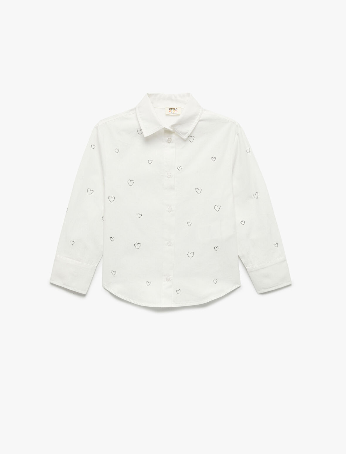 Uzun Kollu Kalp Desenli Taş Detaylı Pamuklu Gömlek