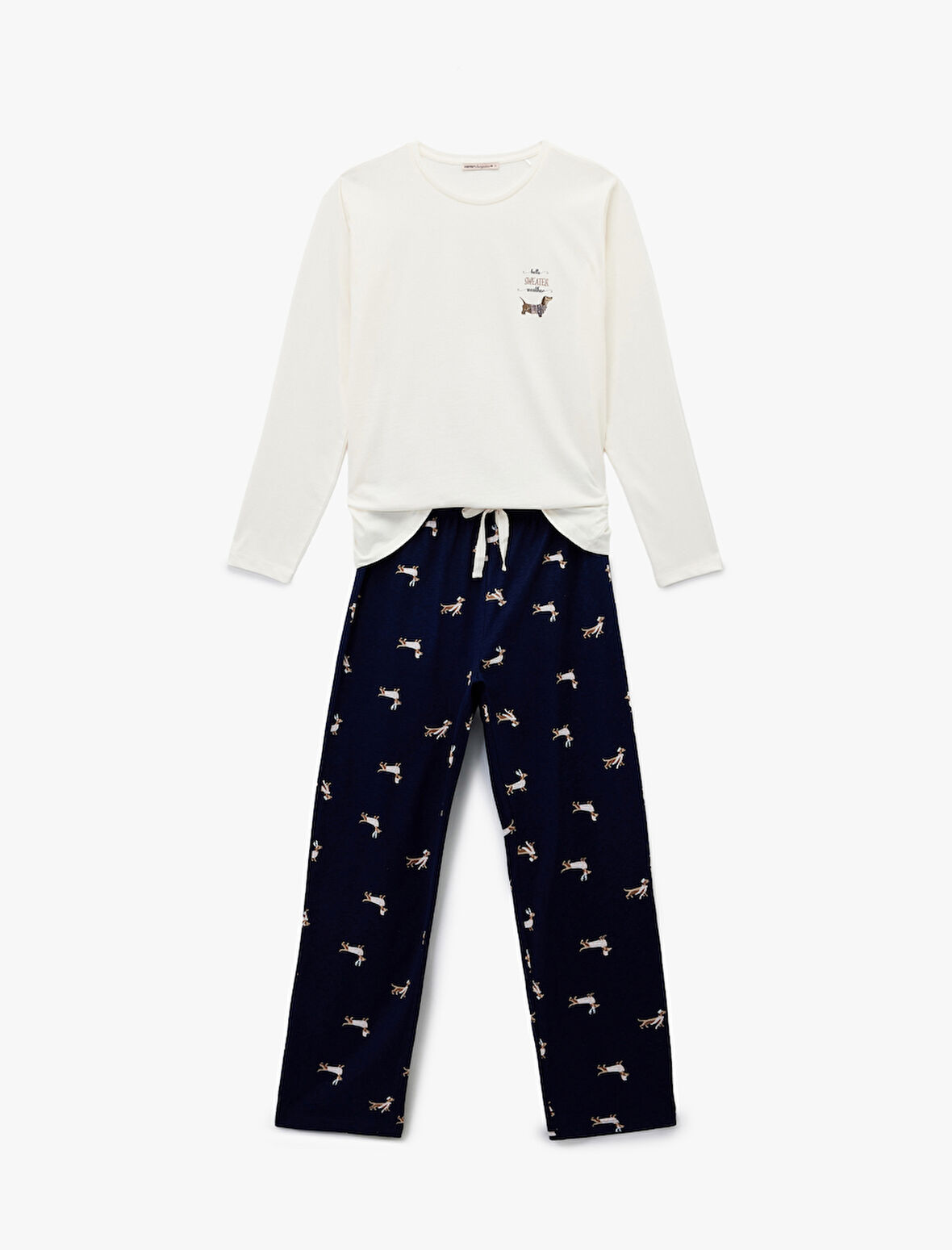 Uzun Kollu Bisiklet Yaka Köpek Desenli Pamuklu Pijama Takımı