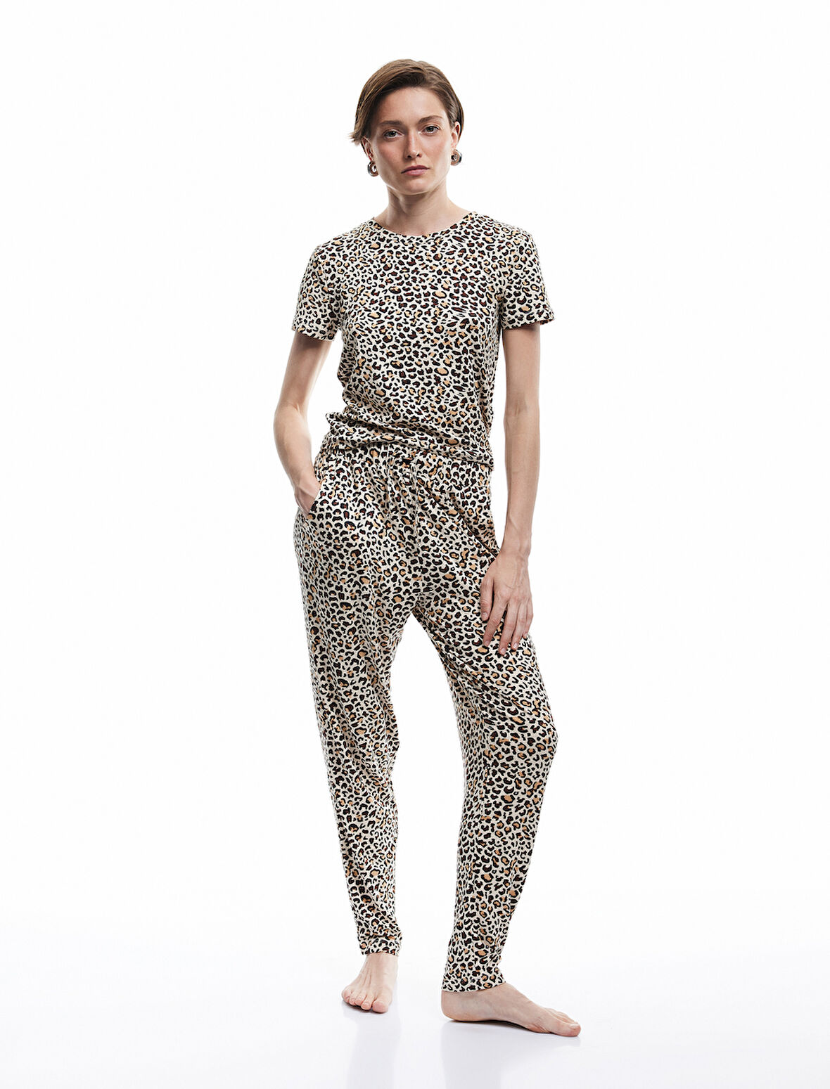 Rahat Kalıp Cepli Leopar Desenli Pijama Altı