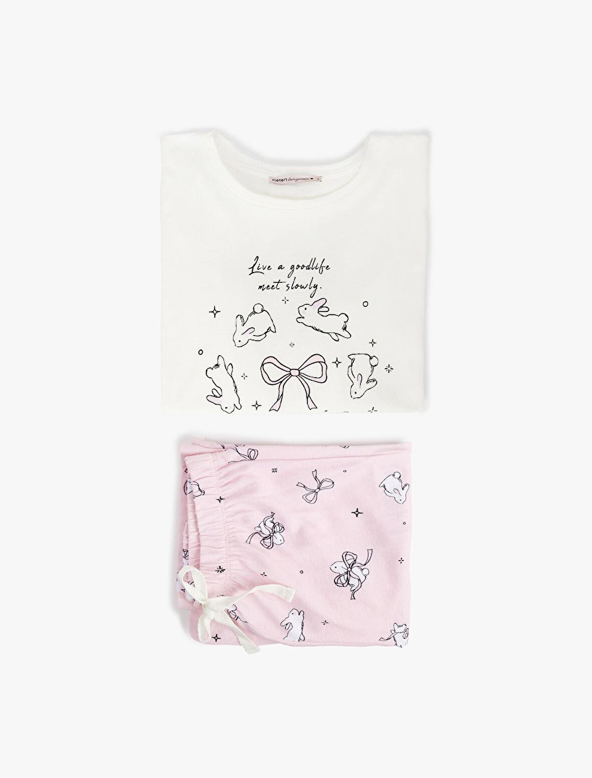 Tavşan Baskılı Uzun Kollu Bisiklet Yaka Pamuklu Pijama Takımı