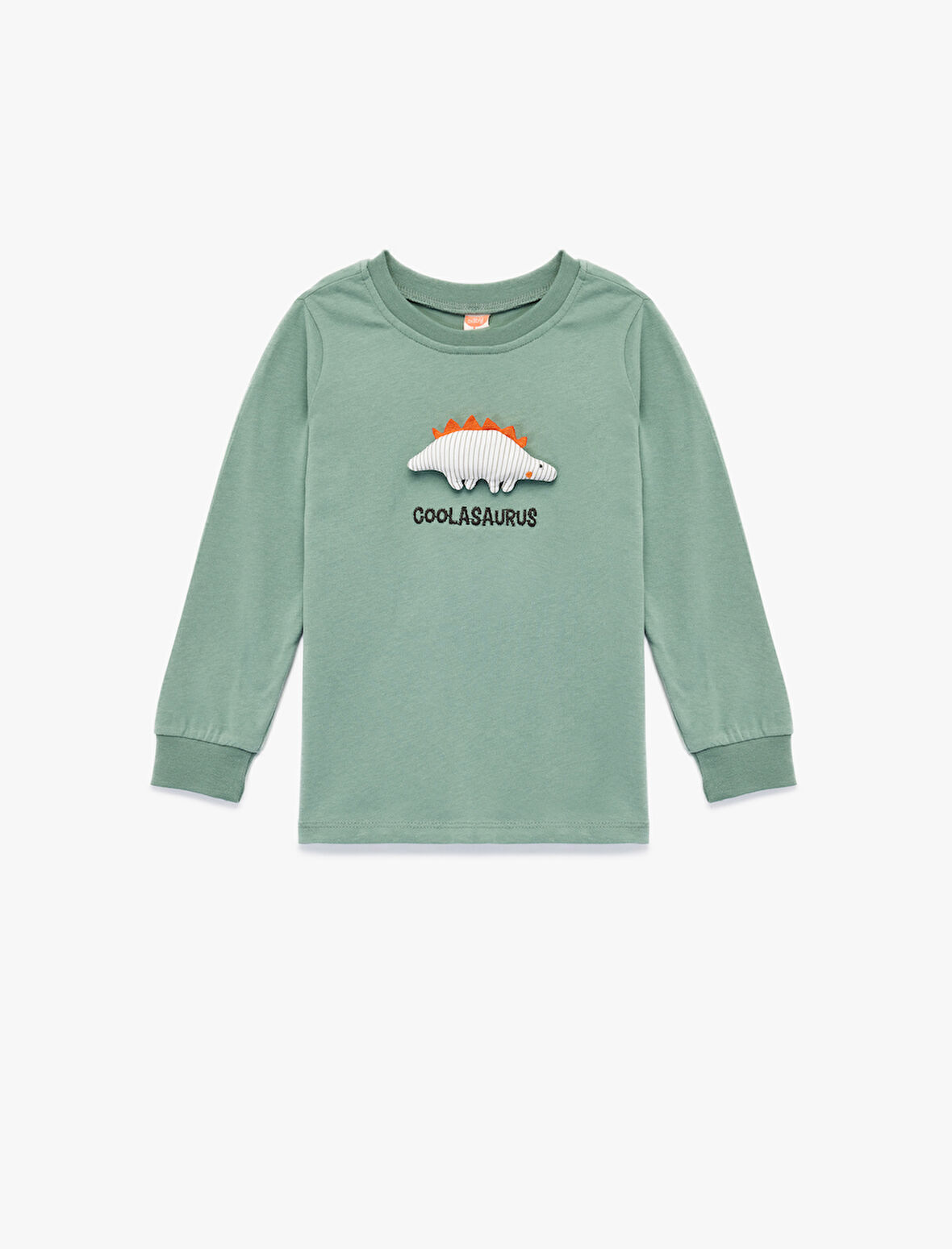 Uzun Kollu Bisiklet Yaka Dinozor Aplikeli Pamuklu Tişört