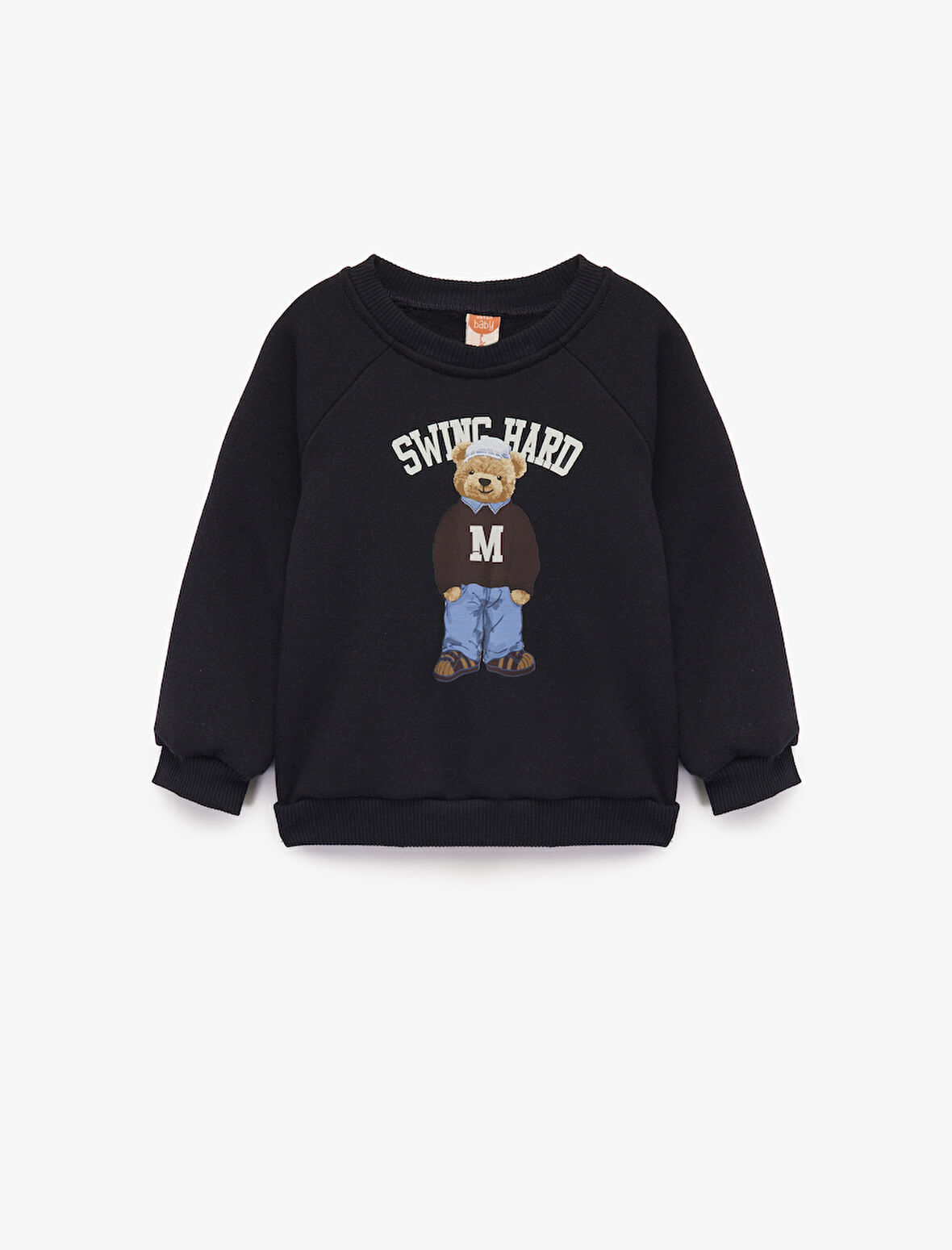 Uzun Kollu Bisiklet Yaka Ayıcık Baskılı Sweatshirt