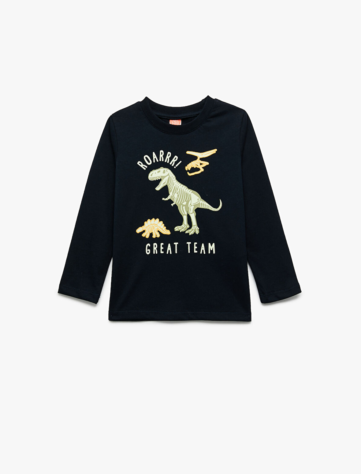 Dinozor Baskılı Uzun Kollu Bisiklet Yaka Pamuklu Tişört
