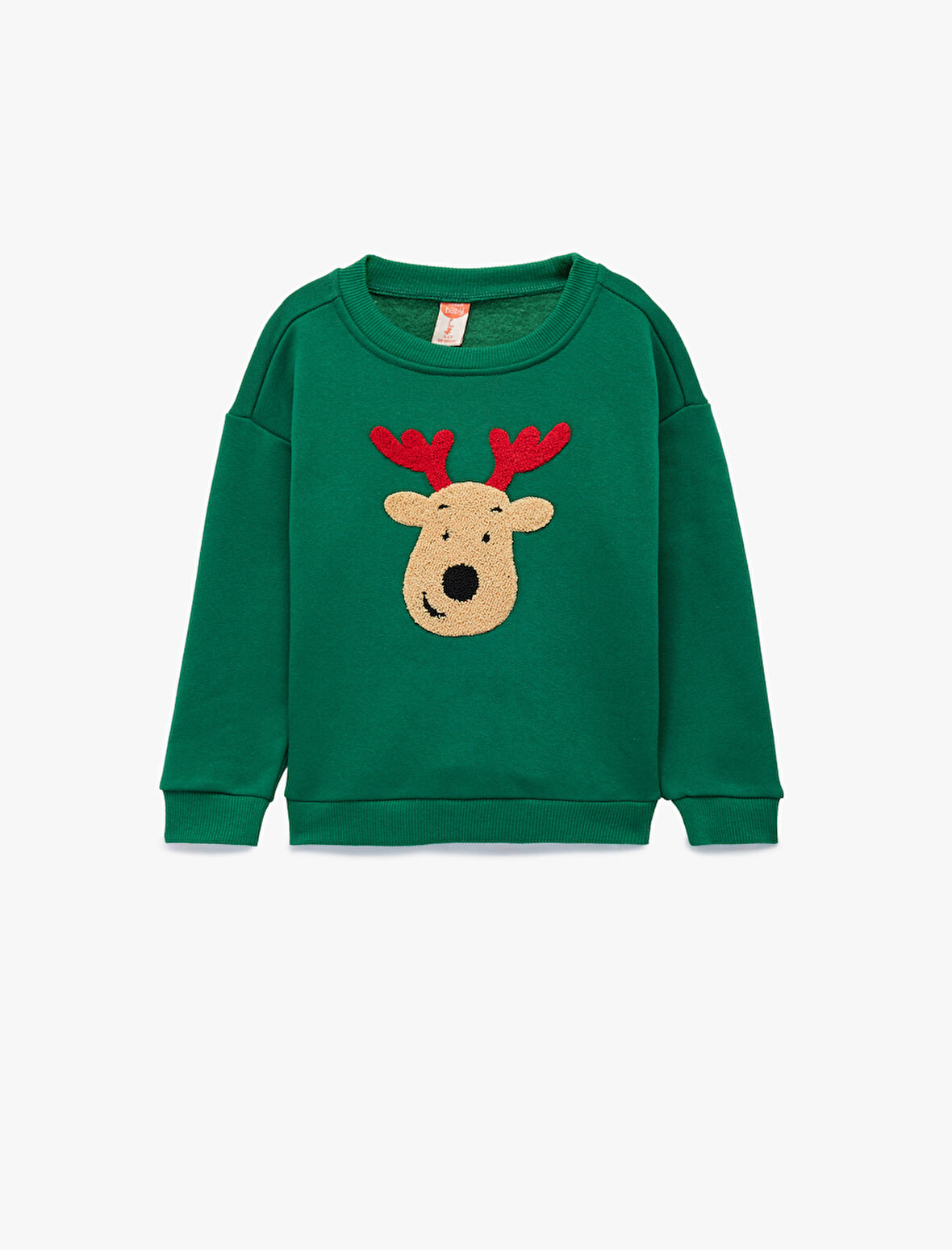 Geyik Nakışlı Uzun Kollu Bisiklet Yaka Sweatshirt