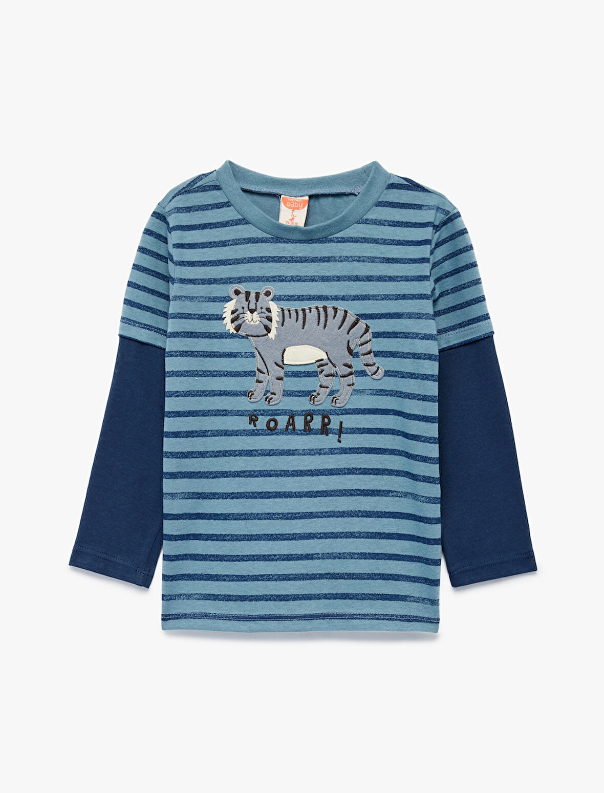 Pamuklu Bisiklet Yaka Hayvan Nakışlı Uzun Çıkma Kollu Tişört