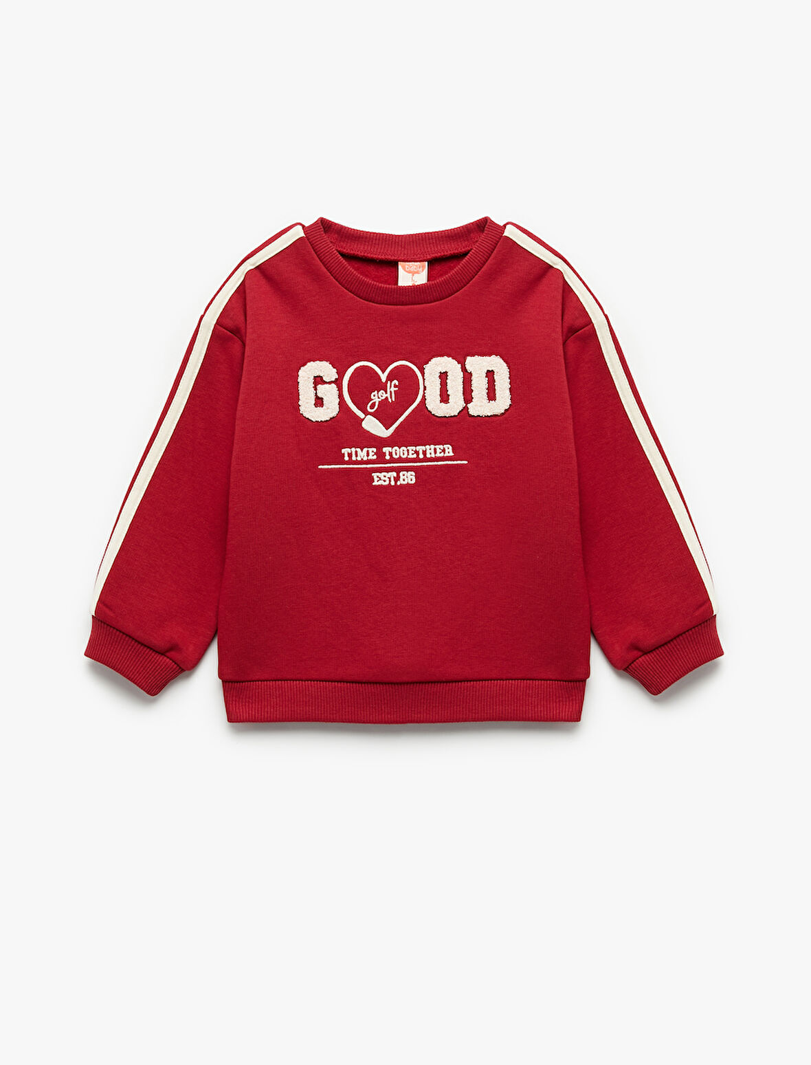 Uzun Kollu Şardonlu Şerit Detaylı Nakışlı Bisiklet Yaka Sweatshirt