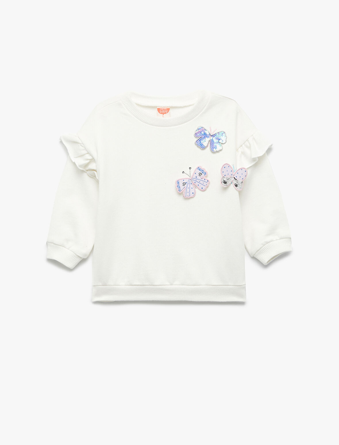 Şardonlu Uzun Kollu Bisiklet Yaka Kelebek Detaylı Fırfırlı Sweatshirt
