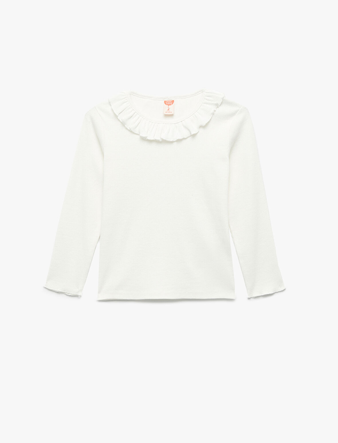 Fırfır Detaylı Uzun Kollu Bisiklet Yaka Pamuklu Tişört