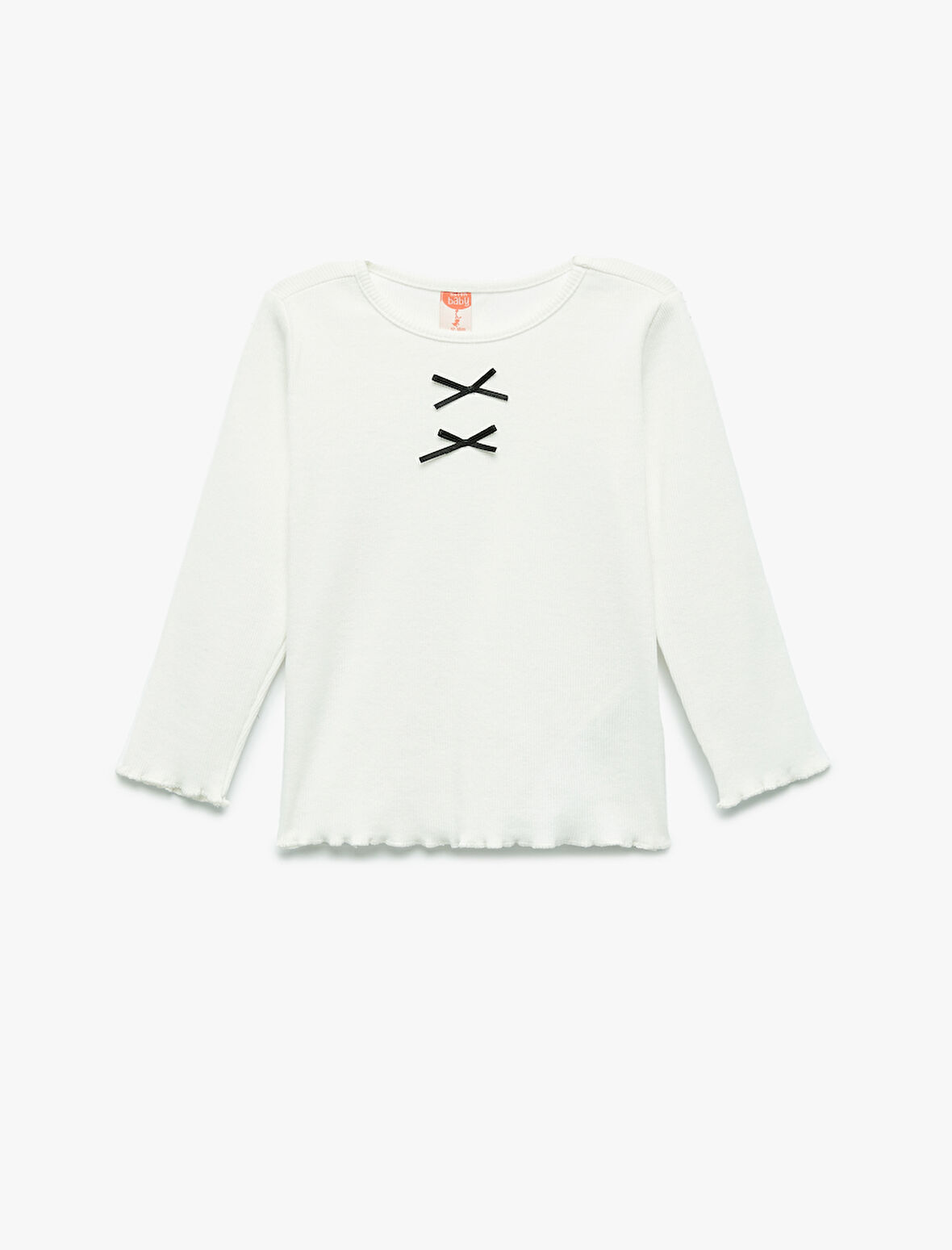 Uzun Kollu Bisiklet Yaka Kurdele Detaylı Pamuklu Tişört