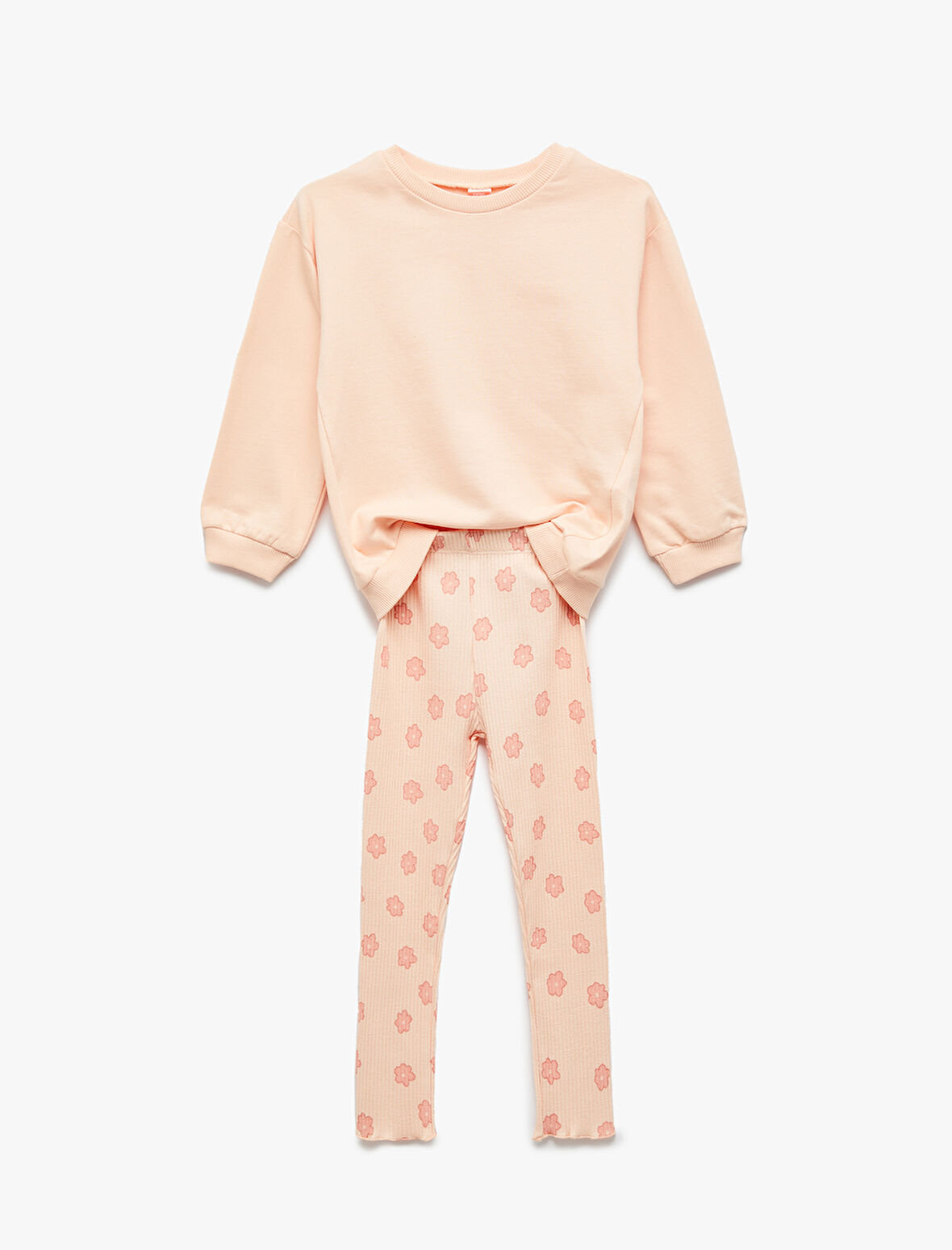 Pamuklu Bisiklet Yaka Uzun Kollu Sweatshirt ve Ribanalı Çiçek Baskılı Tayt Seti