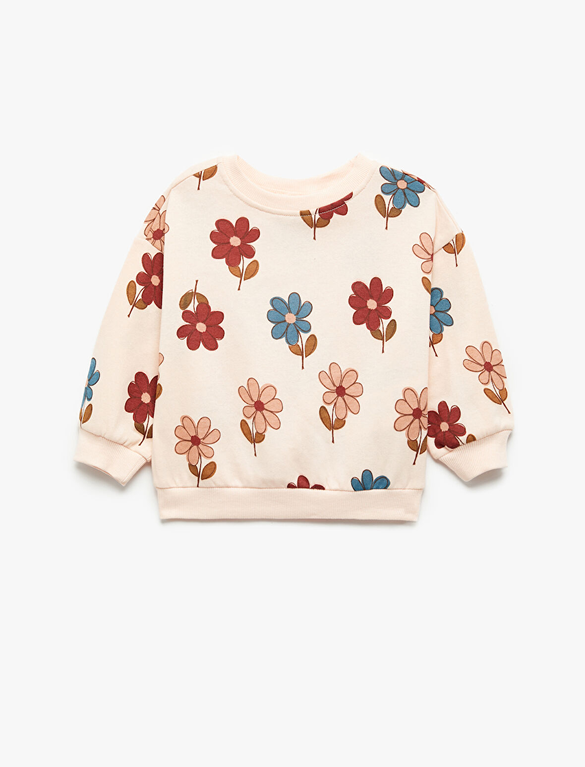 Çiçek Desenli Uzun Kollu Bisiklet Yaka Sweatshirt