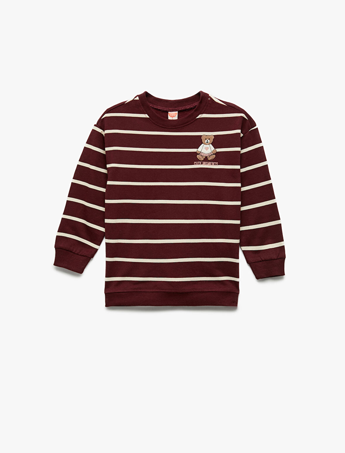 Şardonlu Ayıcık Baskılı Uzun Kollu Bisiklet Yaka Çizgili Sweatshirt