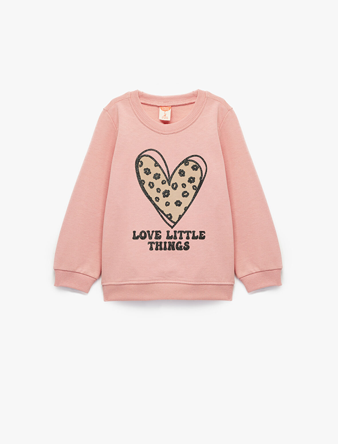 Pamuklu Uzun Kollu Bisiklet Yaka Kalp Baskılı Sweatshirt