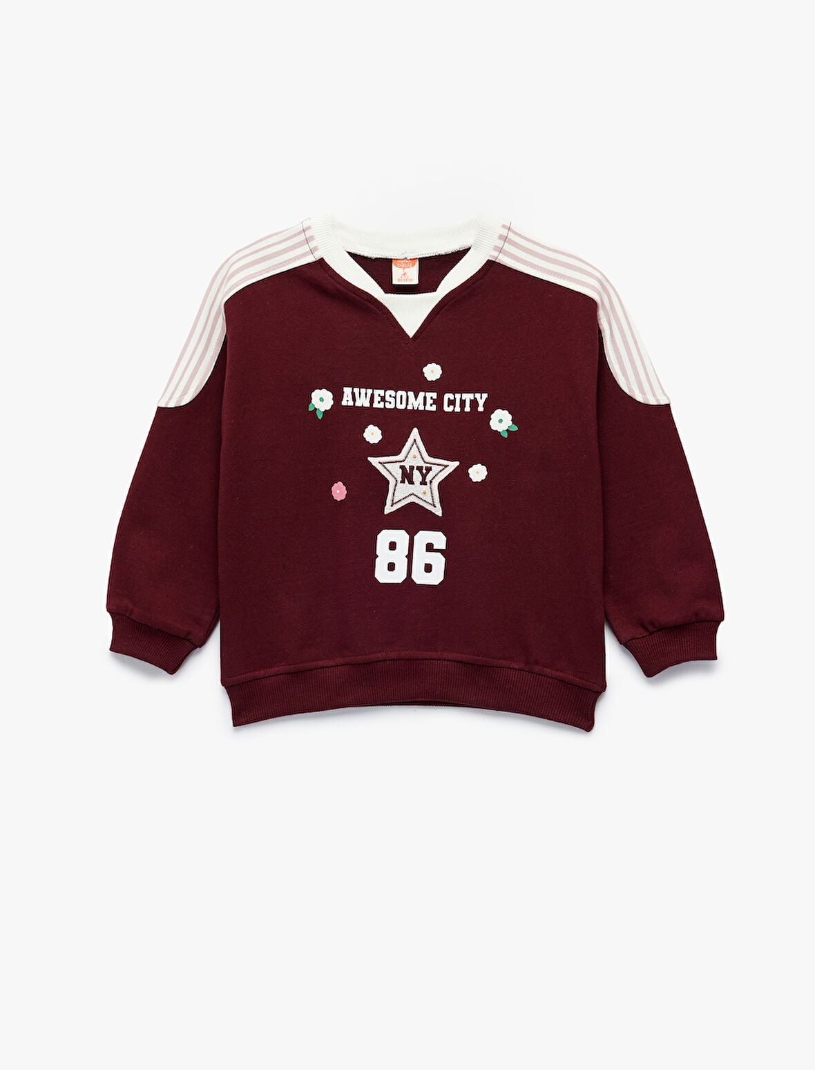 Şardonlu Pamuklu Uzun Kollu Renk Kontrastlı V Yaka Baskılı Sweatshirt