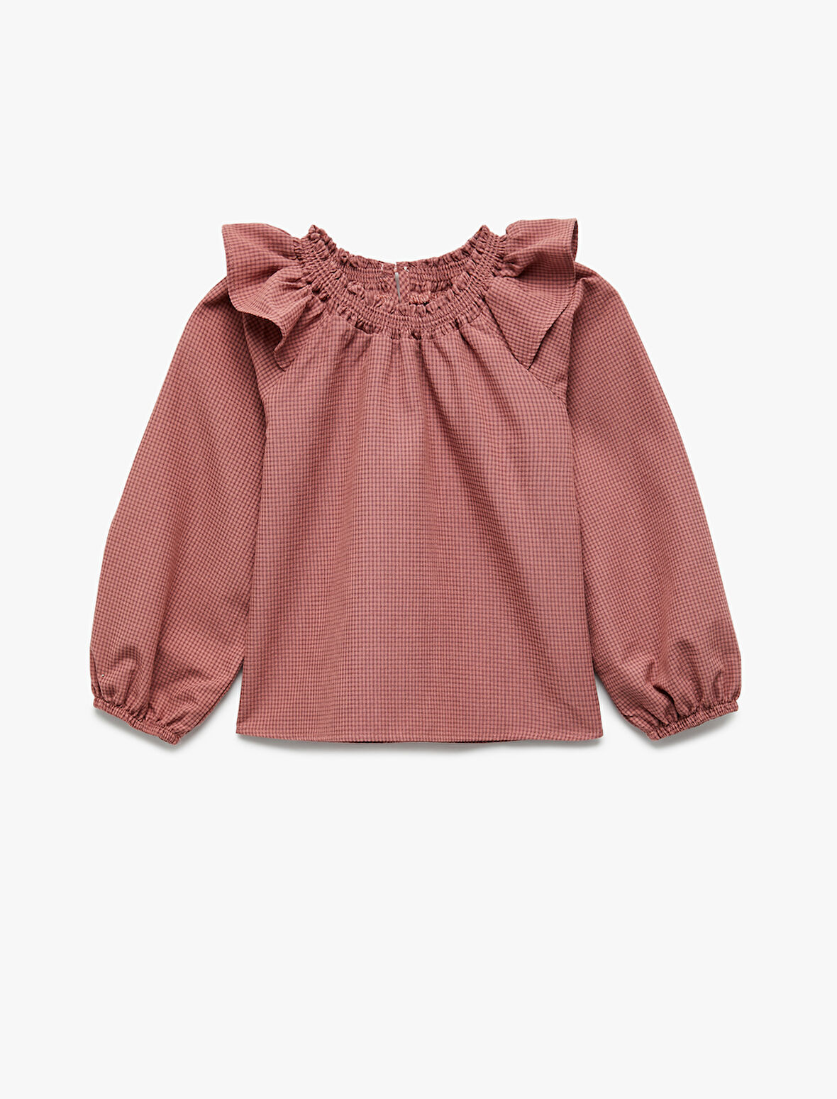 Balon Kollu Kareli Pamuklu Uzun Kollu Büzgülü Yaka Bluz