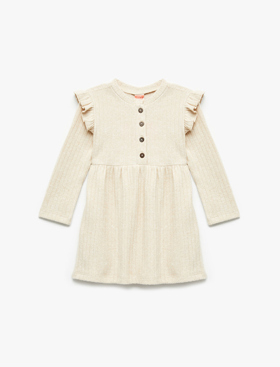 Fırfır Detaylı Düğmeli Uzun Kollu Bisiklet Yaka Elbise