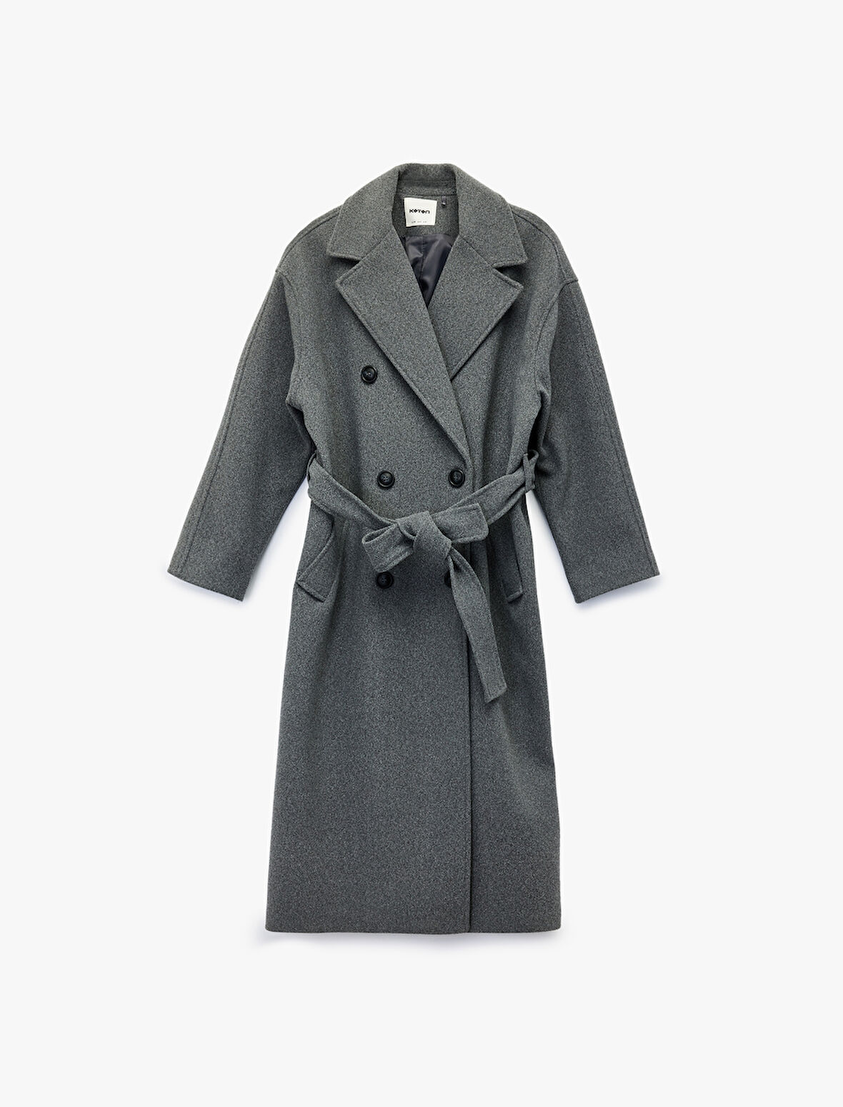 Uzun Kollu Düğmeli Cepli Kruvaze Uzun Kemerli Kaşe Kaban