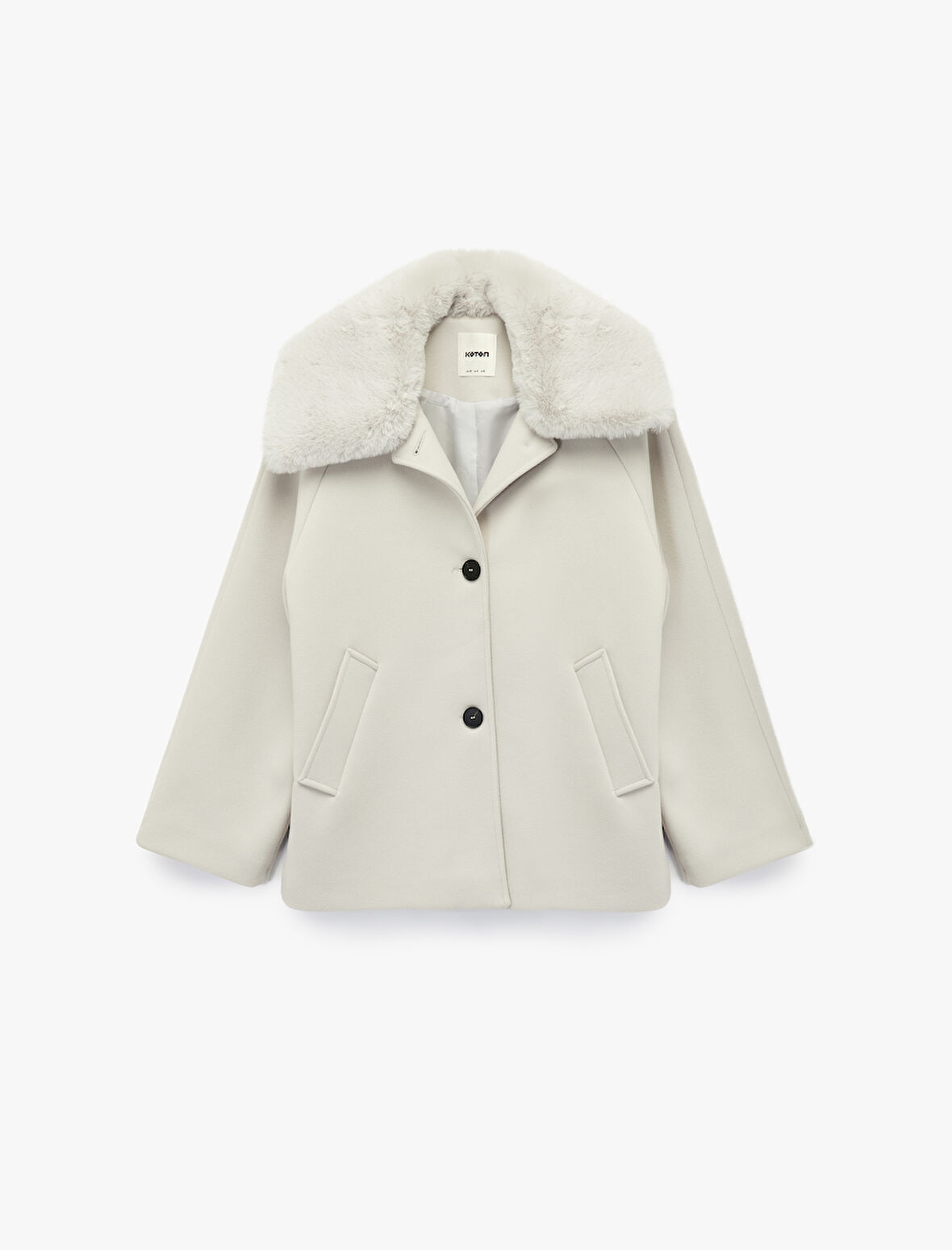 Uzun Kollu Cepli Düğmeli Çıkarılabilir Suni Kürk Yakalı Kaşe Kaban