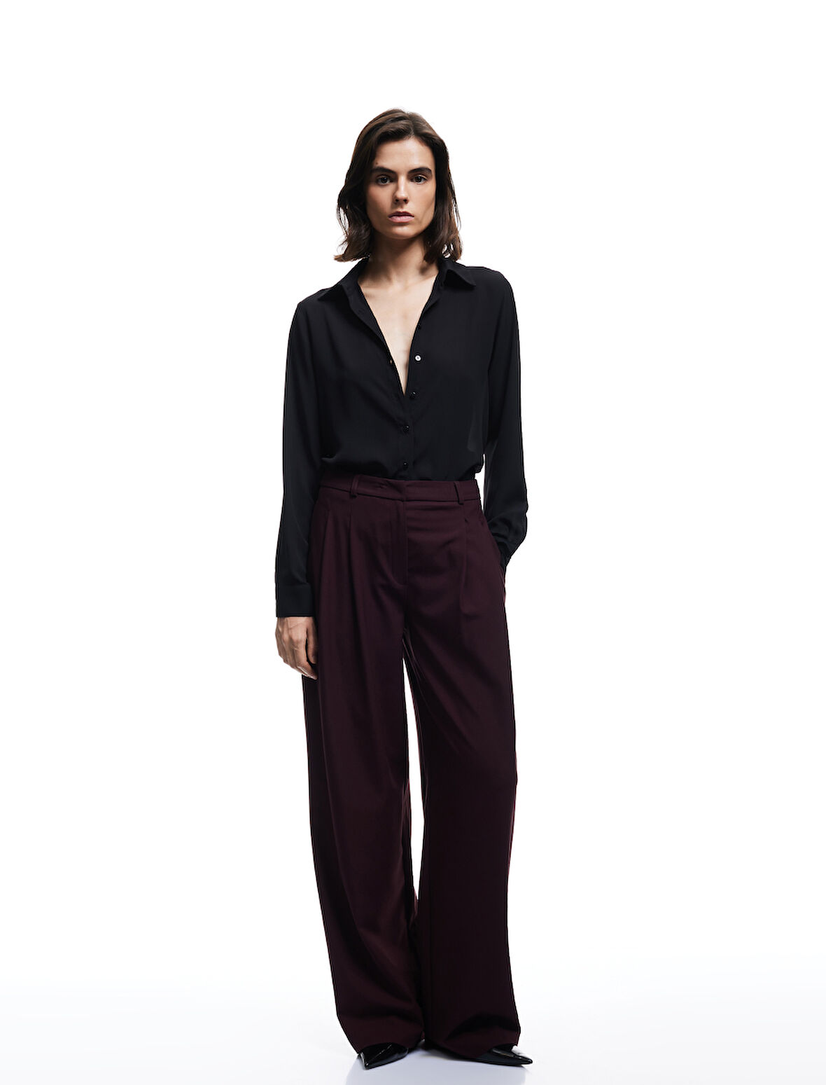 Pile Detaylı Yüksek Bel Geniş Paça Palazzo Pantolon