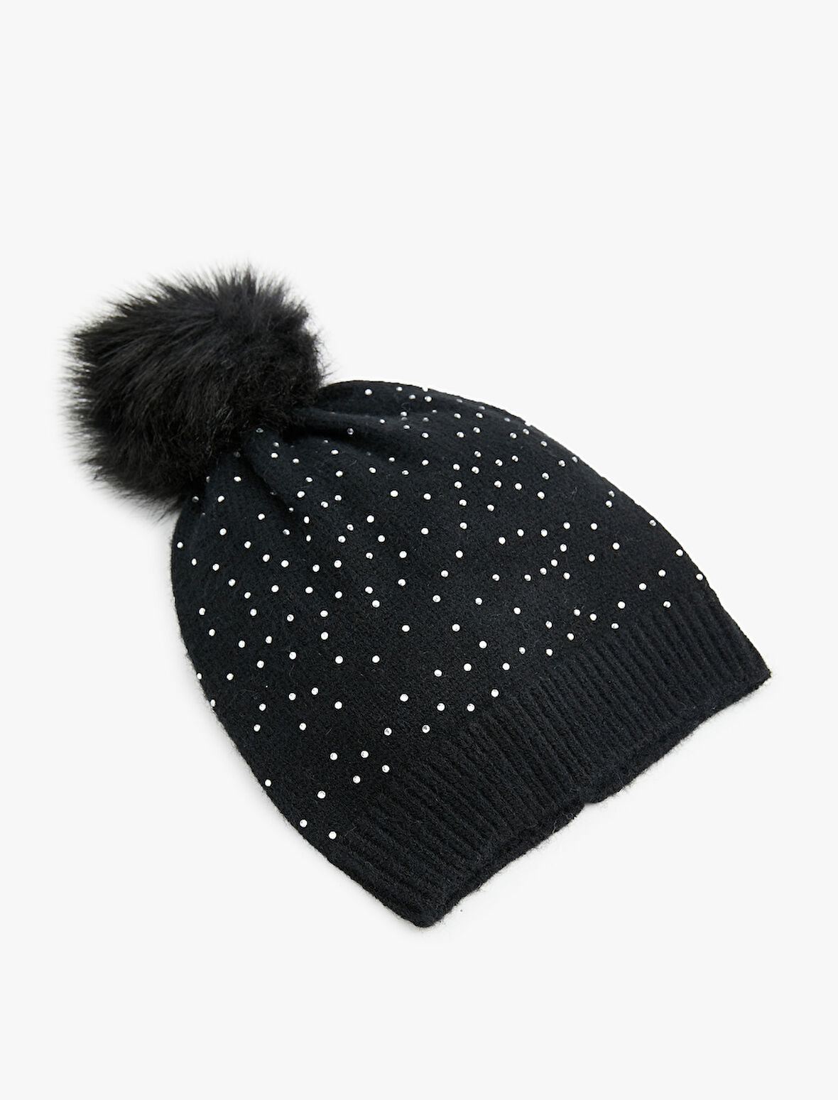 Ponpon Detaylı Katlı Triko Taşlı Bere