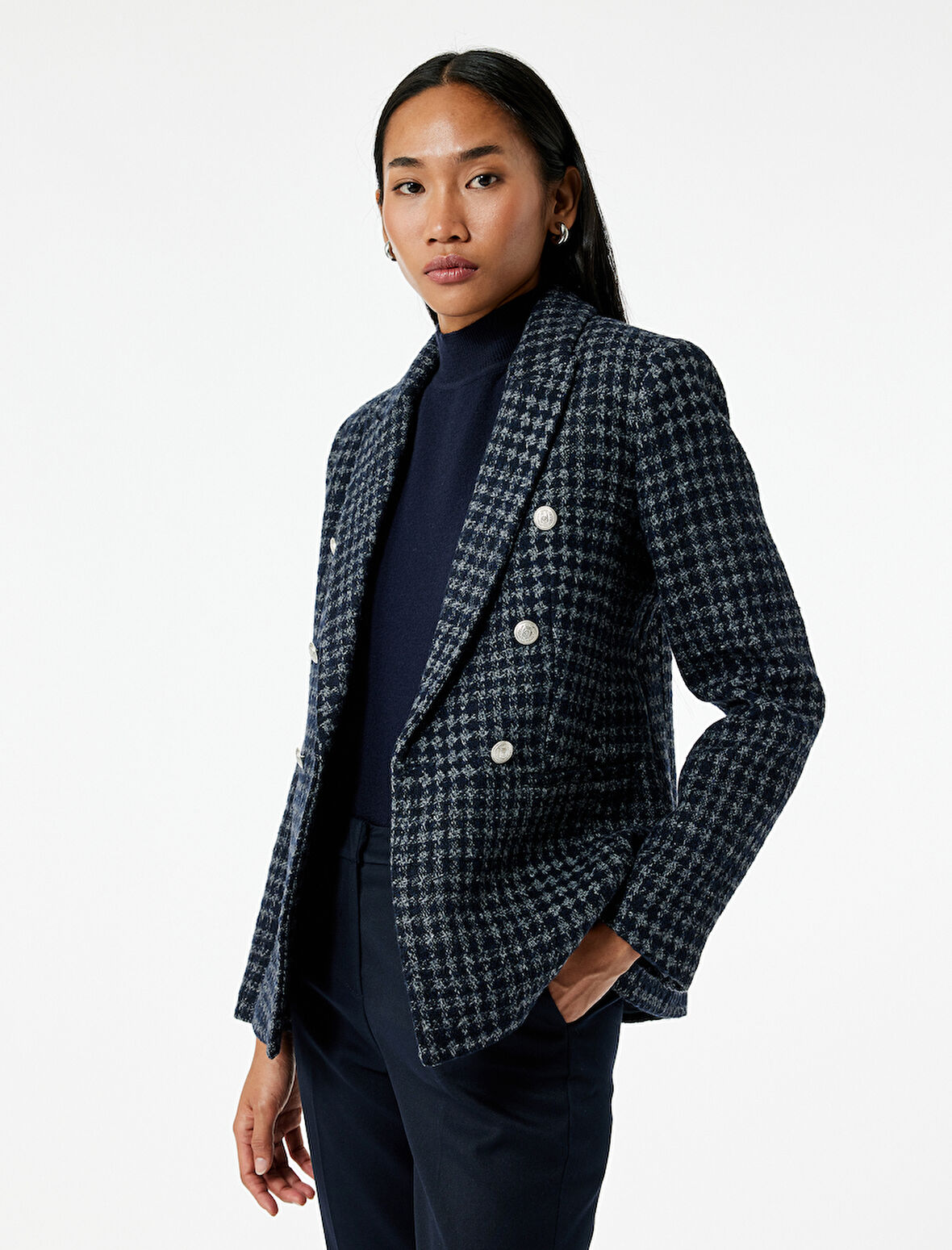 Kruvaze Yaka Cepli Uzun Kollu Ekose Tüvit Kısa Blazer Ceket