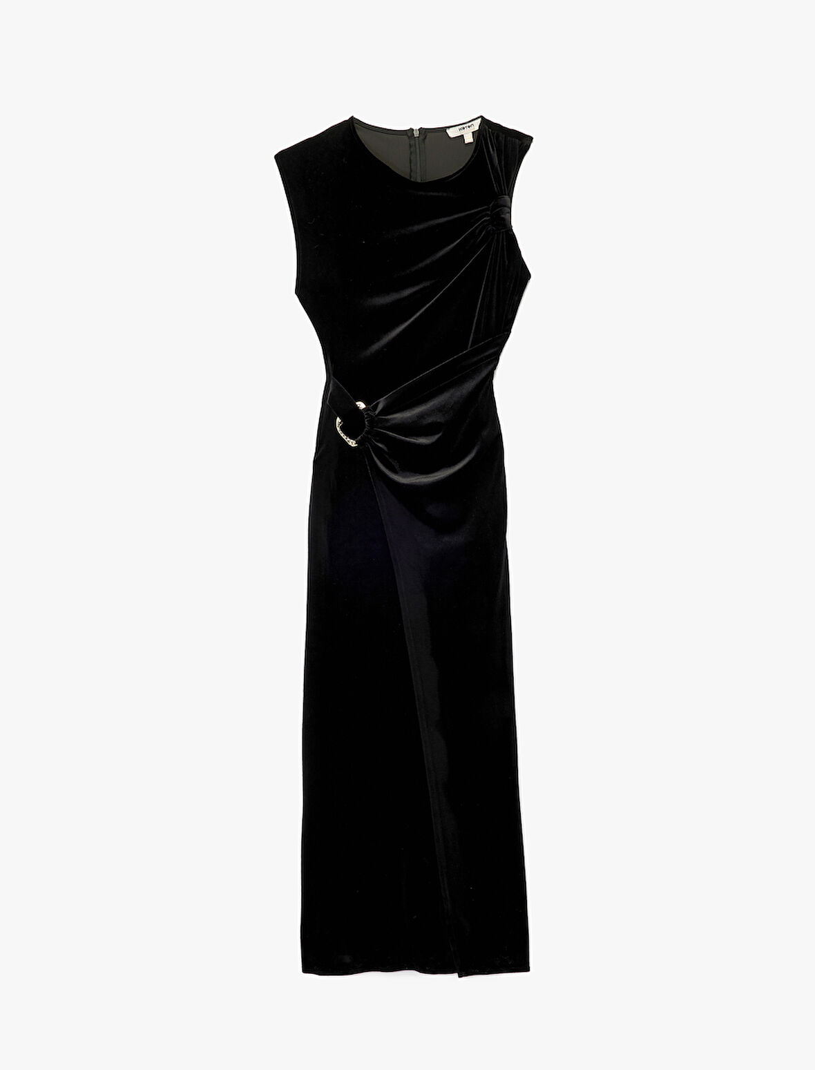 Metal Aksesuarlı Drapeli Kolsuz Bisiklet Yaka Uzun Kadife Abiye Elbise