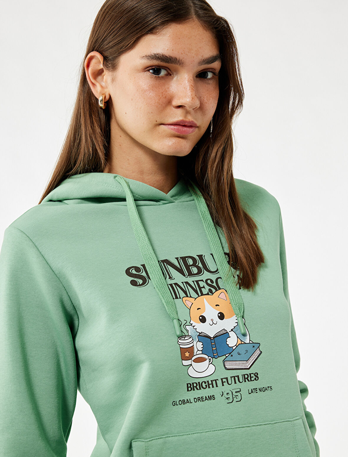Kanguru Cep Detaylı Şardonlu Kedi Baskılı Kapüşonlu Sweatshirt