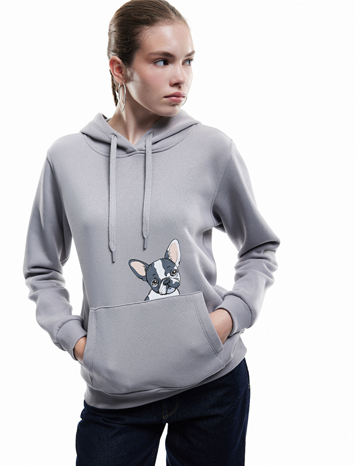 Köpek Baskılı Şardonlu Kanguru Cepli Kapüşonlu Sweatshirt