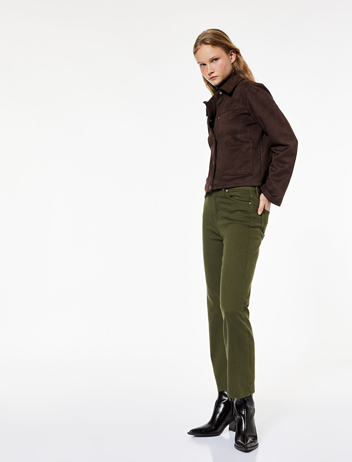 Pamuklu Düğmeli Cepli Dar Kesim Kısa İspanyol Paça Jean Pantolon -  Kick Flare Jeans