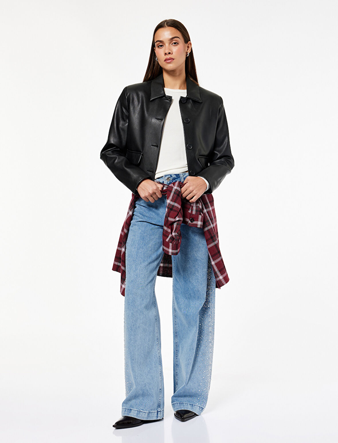 Düğmeli Cepli Geniş Paça Pamuklu Taşlı Jean Pantolon - Wide Leg Jeans