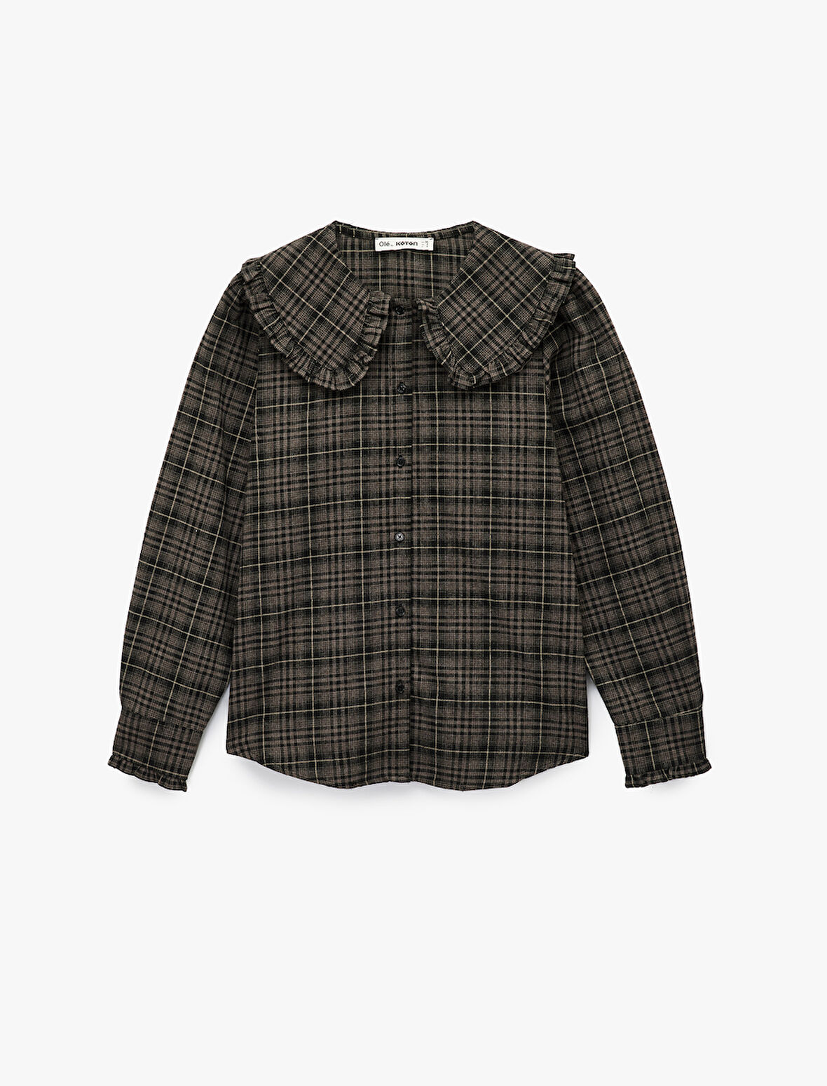 Viskon Karışımlı Fırfırlı Bebe Yaka Uzun Kollu Düğmeli Ekoseli Gömlek