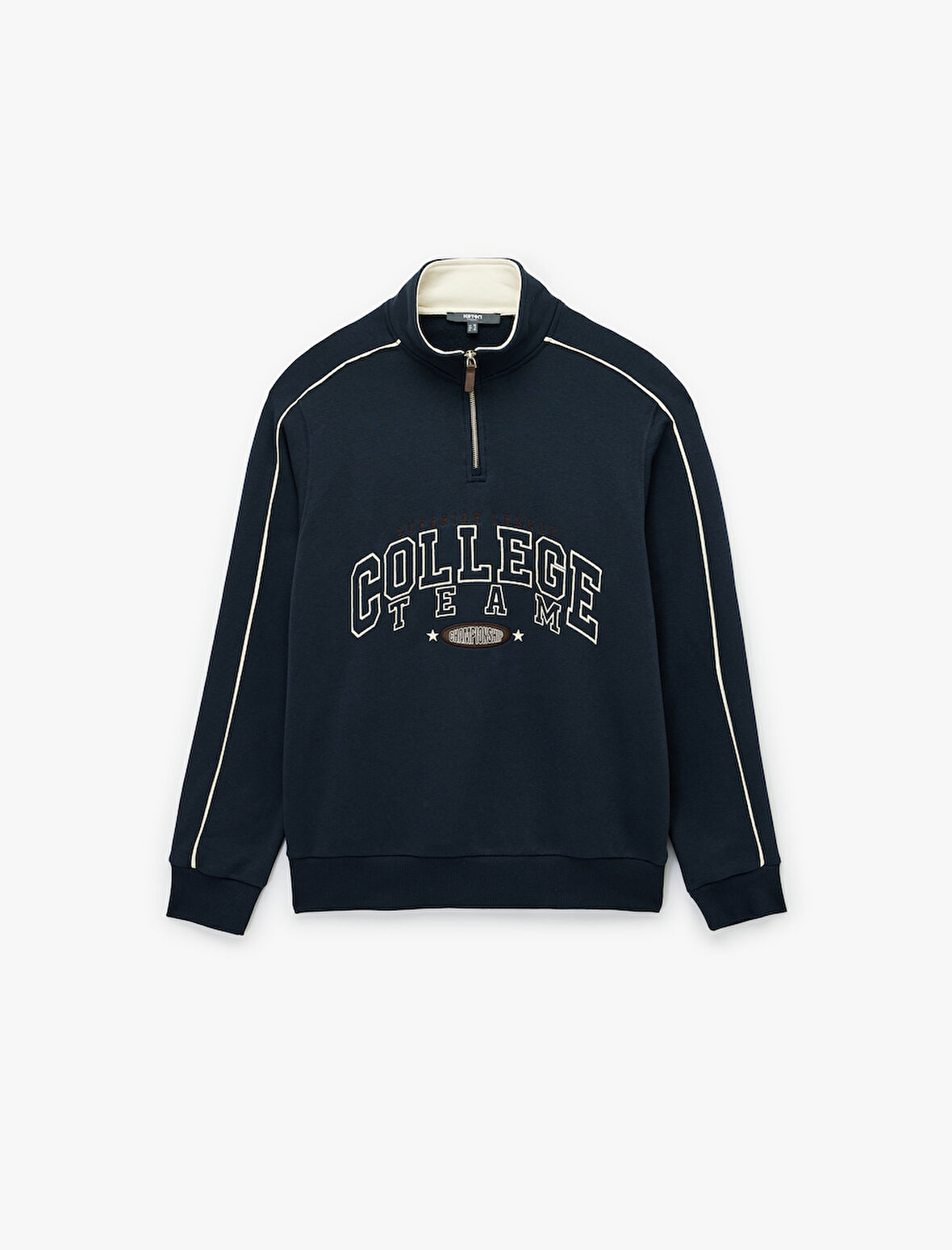 Uzun Kollu Kolej Nakışlı Renk Kontrastlı Şardonlu Yarım Fermuarlı Sweatshirt