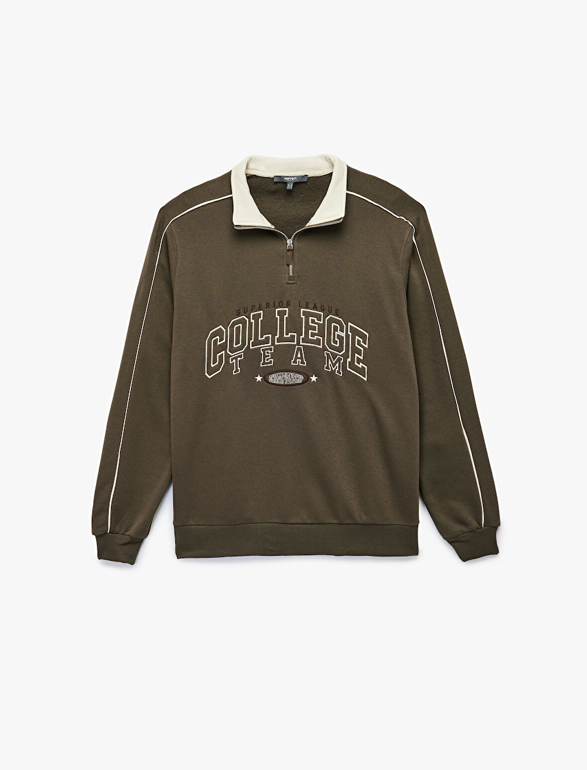 Uzun Kollu Kolej Nakışlı Renk Kontrastlı Şardonlu Yarım Fermuarlı Sweatshirt