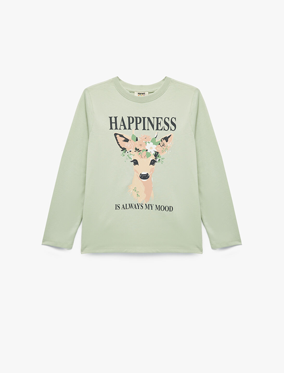 Pamuklu Geyik Baskılı Uzun Kollu Bisiklet Yaka Tişört