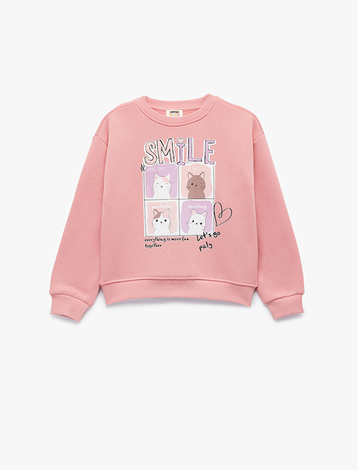 Uzun Kollu Bisiklet Yaka Şardonlu Kedi Baskılı Sweatshirt