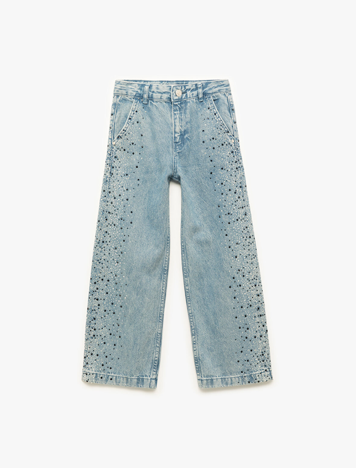 Pamuklu Taş Detaylı Cepli Geniş Paça Denim Pantolon