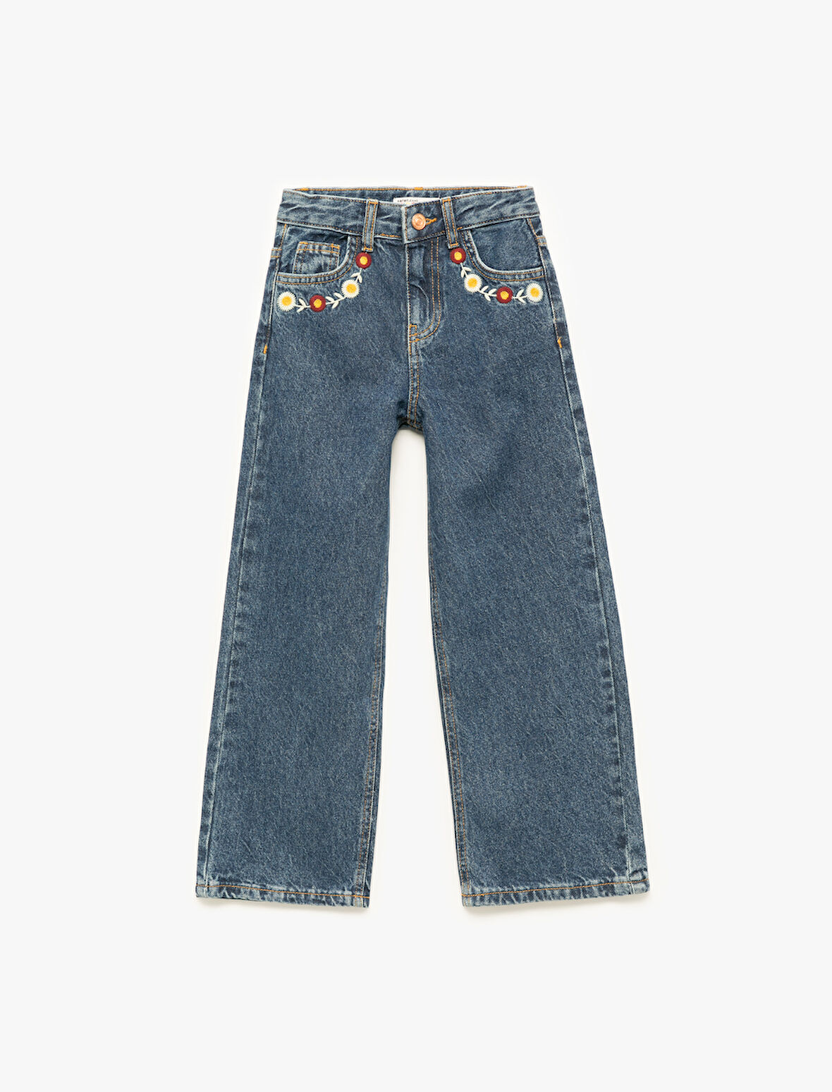 Yüksek Bel Pamuklu Bol Kalıp Çiçek İşlemeli Geniş Paça Denim Pantolon