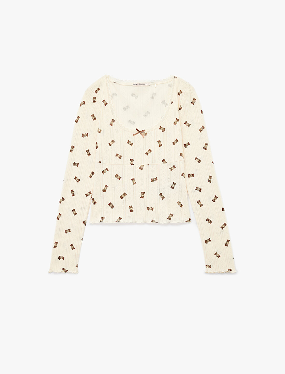 Pamuklu Uzun Kollu U Yaka Ayıcık Baskılı Crop Pijama Üstü