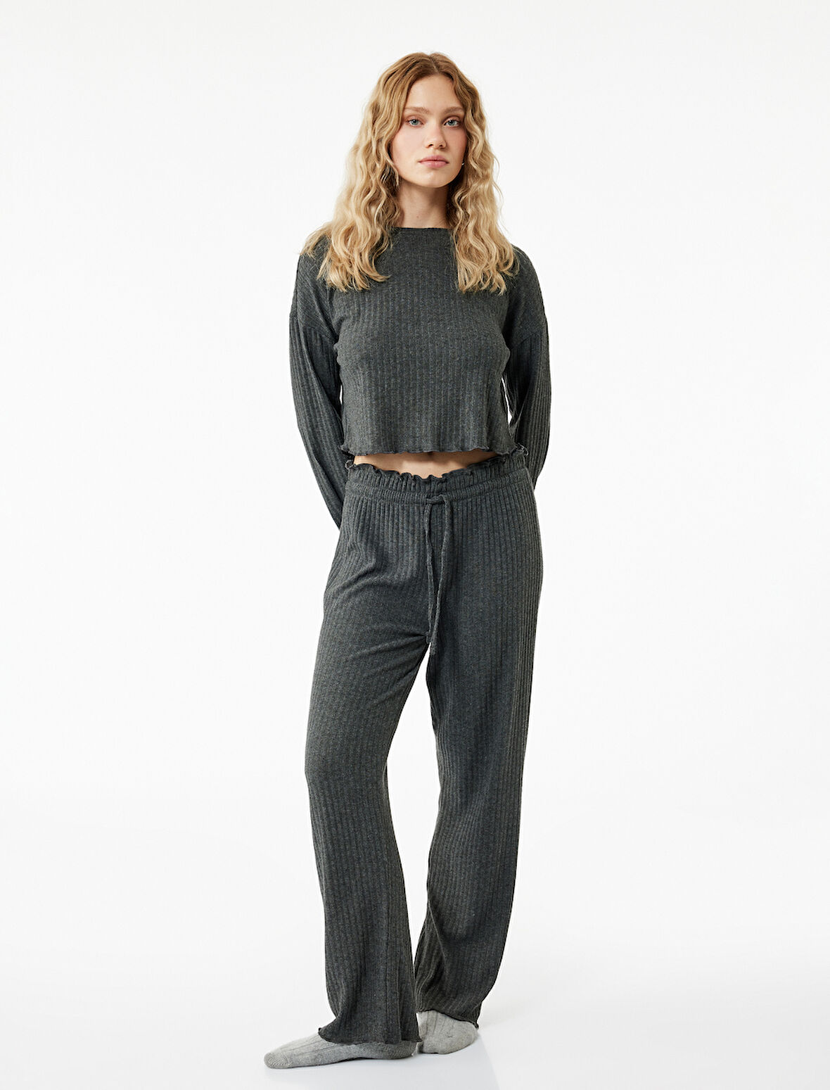 Rahat Kalıp Beli Bağlamalı Triko Pijama Altı