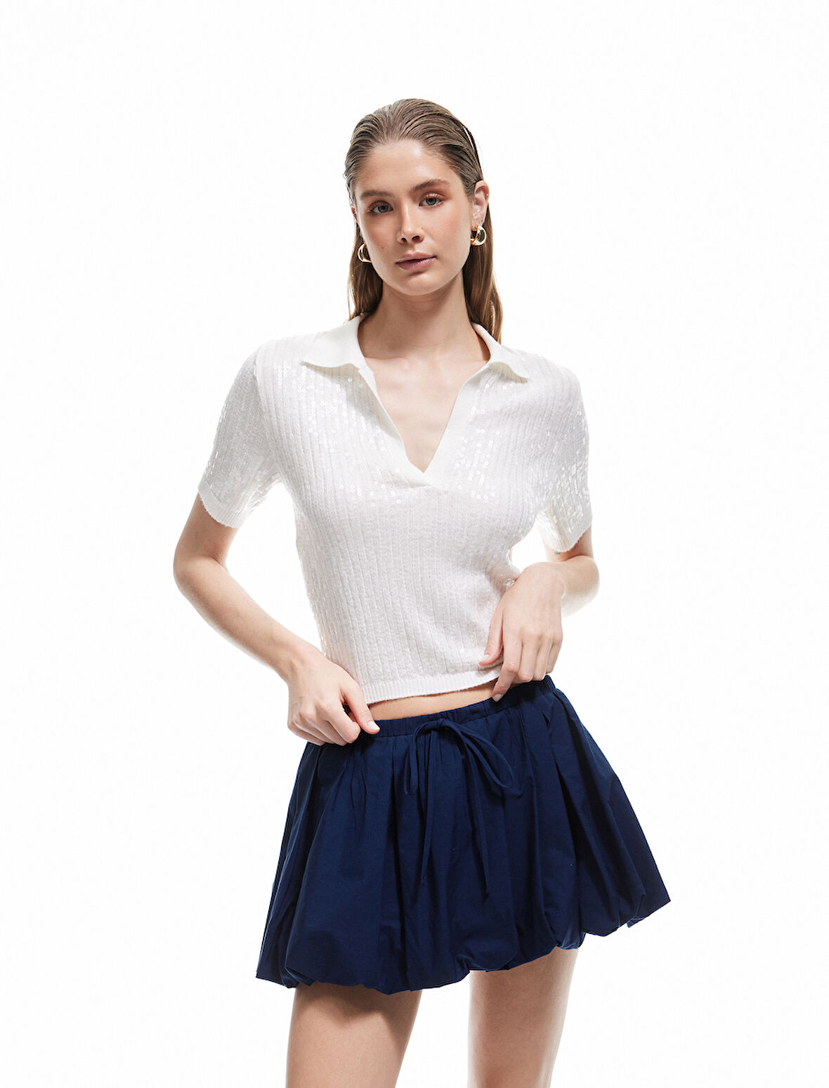 Pullu Payetli Kısa Kollu Triko Polo Yaka Kazak