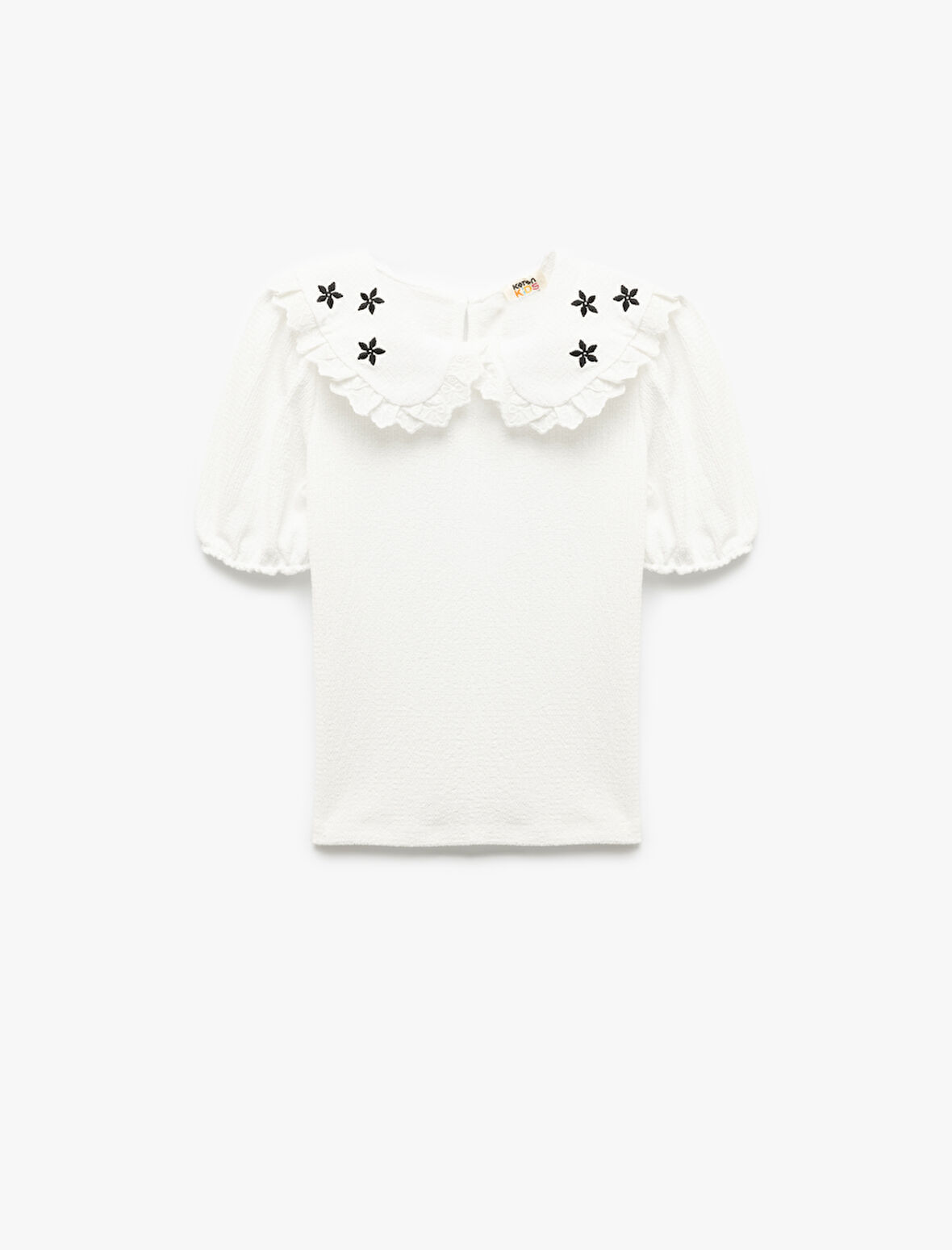 Kısa Kollu Çiçek İşlemeli Bürümcük Bebe Yaka Bluz