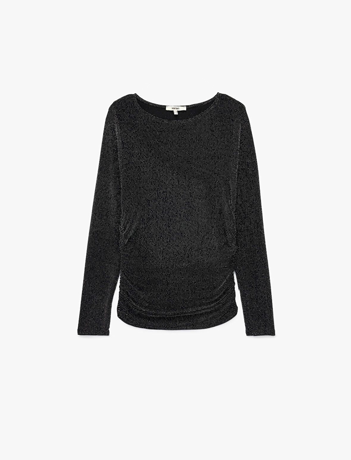 Slim Fit Uzun Kollu Yuvarlak Kayık Yaka Simli Tişört