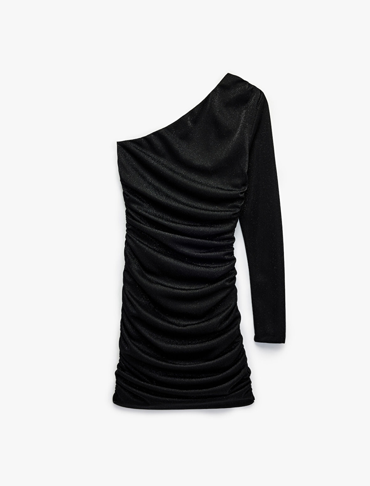 Simli Tek Omuz Uzun Kollu Drapeli Mini Abiye Elbise