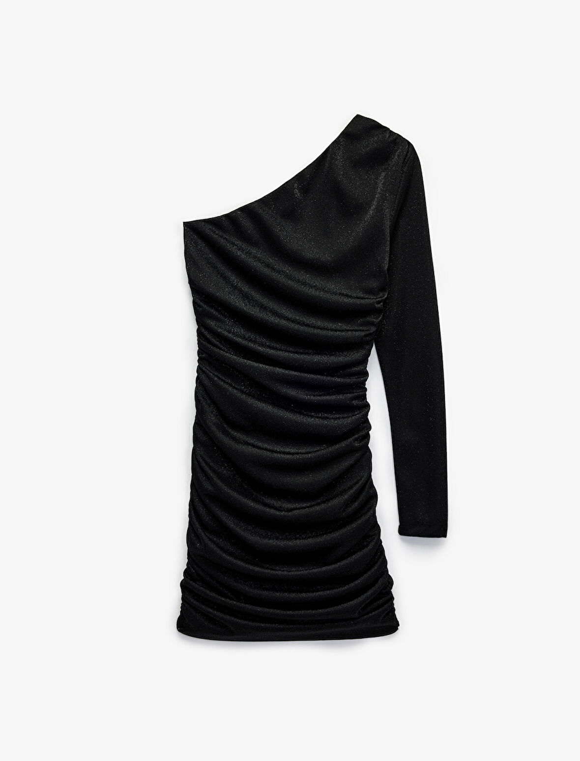 Simli Tek Omuz Uzun Kollu Drapeli Mini Abiye Elbise