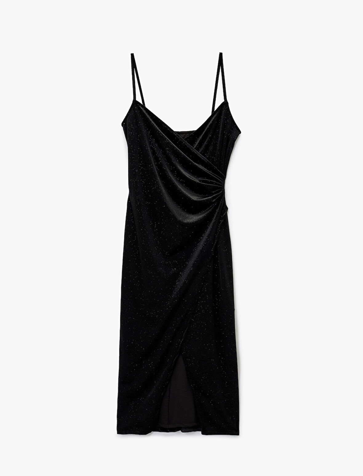 Simli İp Askılı Drapeli Kruvaze Yaka Midi Slip Kadife Abiye Elbise