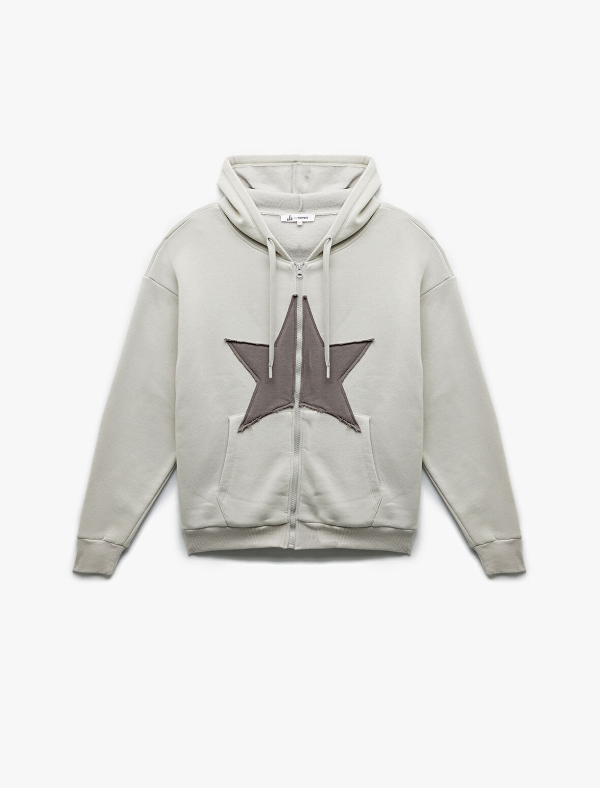 Yıldız Baskılı Şardonlu Kapüşonlu Kanguru Cepli Oversize Fermuarlı Sweatshirt