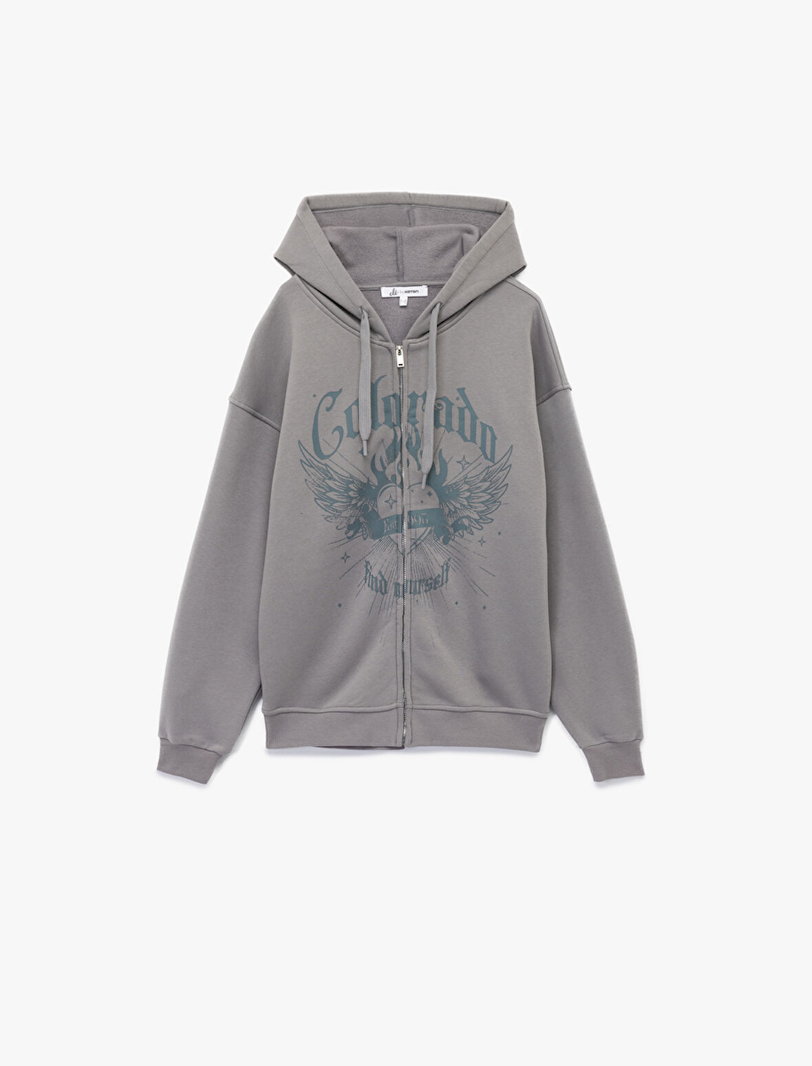 Uzun Kollu Kapüşonlu Fermuarlı Baskılı Oversize Sweatshirt