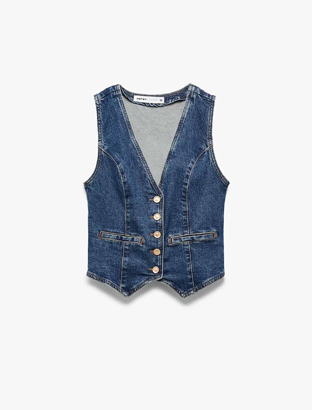 V Yaka Kolsuz Düğmeli Cep Detaylı Denim Yelek 